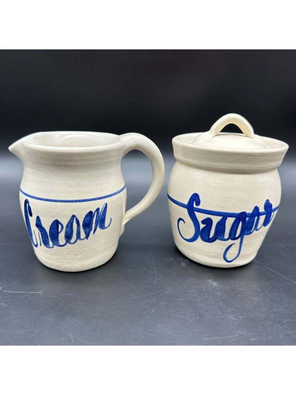 Vintage Pottery Creamer Pitcher Sugar Bowl White Blue Stoneware Set 1990s